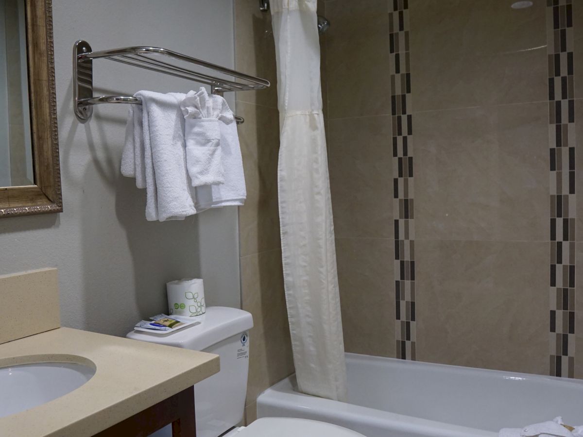The image shows a bathroom with a sink, mirror, toilet, and a bathtub-shower combo with a curtain and towels hanging.